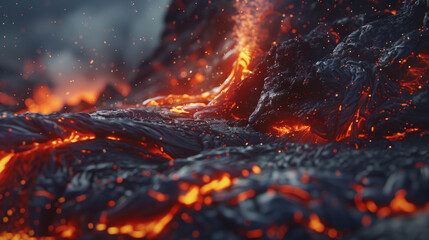 Close-up of hot molten  lava flow from volcano