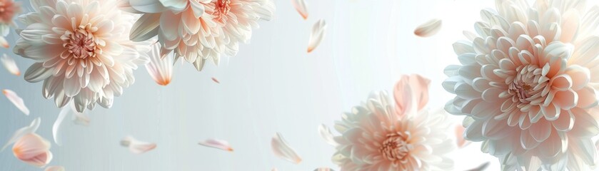 Obraz premium Photorealistic poster showcasing Chrysanthemum flowers in midair, vividly detailed against significant negative space to focus on their detailed textures