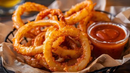 Homemade beerbattered onion rings in basket with dipping sauces selective focus. Concept Food Photography, Homemade Snacks, Deep-Fried Treats, Appetizers, Dipping Sauces