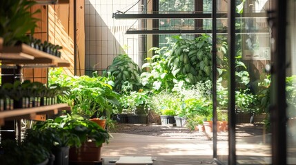 Fototapeta premium Sunlit Serenity LED Grow Lights Embracing Nature in Urban Farm Oasis