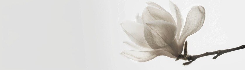 Minimalist design poster featuring a single lily suspended in midair, with expansive negative space emphasizing its sophisticated beauty