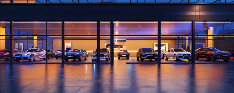New car store at night, showroom with modern cars, dealership with led lights reflections, generated ai