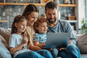 Happy family using laptop on a sofa. family time. Leisure time for parents with children. Watching a movie on a laptop