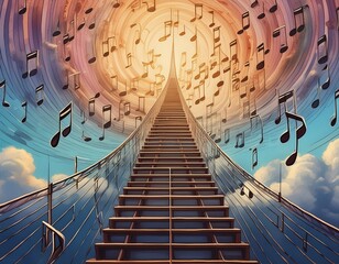 Surreal image of a ladder composed of musical notes ascending into the sky, each rung a step in...