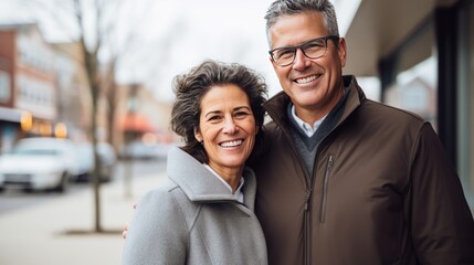 Smiling couple in a city embrace, showing their love and happiness together