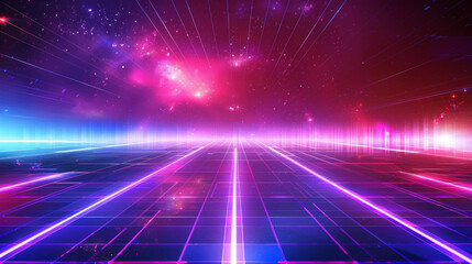 Futuristic retro background of the 80`s retro style. Digital or Cyber Surface. neon lights and geometric pattern.