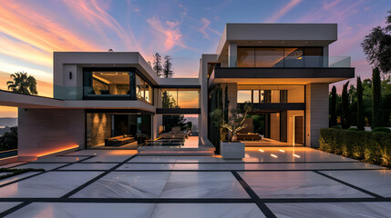 Gorgeous contemporary luxury residence with a sophisticated entrance that is perfect for a sunset