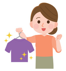洗濯物がきれいに洗い上がって嬉しい主婦　イラスト