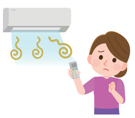 嫌なにおいがするエアコンと困る女性　イラスト
