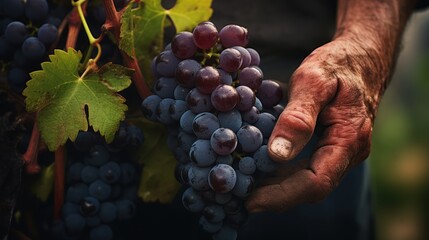 Obraz premium a farmer's hand grasping a cluster of grapes from a vine, 