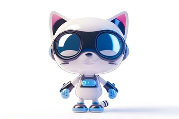 Cute Cat Cyborg Figure in VR Glasses on Synth Wave White Background