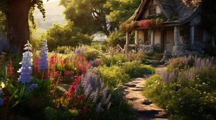 Fototapeta premium spring garden cottage nestled amidst a vibrant expanse of wildflowers, 
