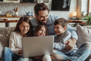 Happy family using laptop on a sofa. family time. Leisure time for parents with children. Watching a movie on a laptop