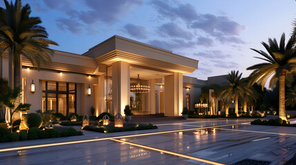 Luxury country club in Egyptian style, exterior view of the entrance and front yard at dusk, white...