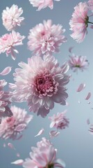 Elegant design poster with Chrysanthemum flowers levitating, surrounded by negative space that enhances the flowers symbolism of joy and beauty