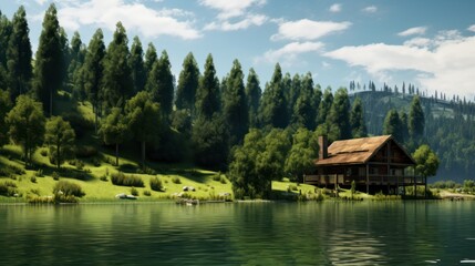 Fototapeta premium wooden cabin nestled on a lush green hillside overlooking a picturesque lake. 