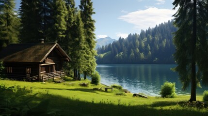 wooden cabin nestled on a lush green hillside overlooking a picturesque lake. 