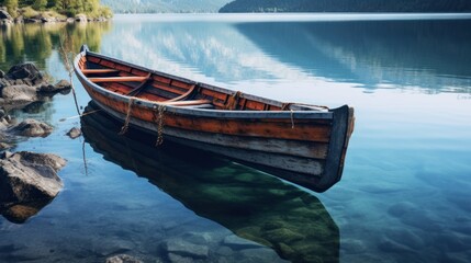 wooden fishing boat docked at the edge of a serene alpine lake,