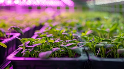 Glowing Growth Vibrant Microgreens Thriving Under Purple LED Lights