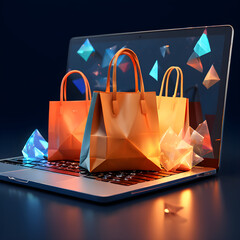Shopping bags on laptop computer keyboard Online merchandise ecommerce business concept poly illustration