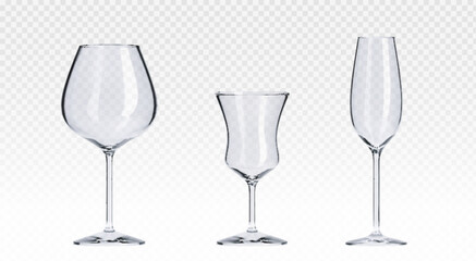 3d cocktail glasses set isolated on transparent background. Vector realistic illustration of empty containers for alcohol, juice, water, light reflection on glassware surface, party design elements