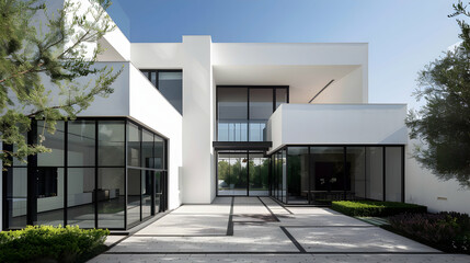Modern architecture, white walls with black windows and doors, modern style villa exterior design