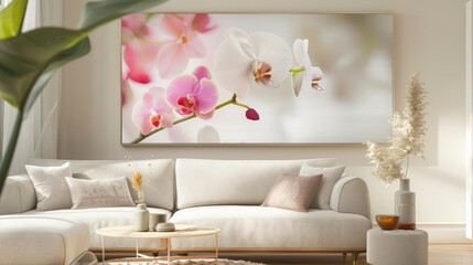 Dynamic graphic poster with orchid flowers floating against a soft, neutral backdrop, creating a striking contrast that showcases their exotic beauty