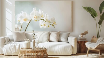 Dynamic graphic poster with orchid flowers floating against a soft, neutral backdrop, creating a striking contrast that showcases their exotic beauty