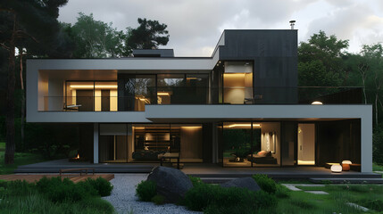 modern home, minimalist architecture with dark grey and white tones, front view of the house, large glass windows