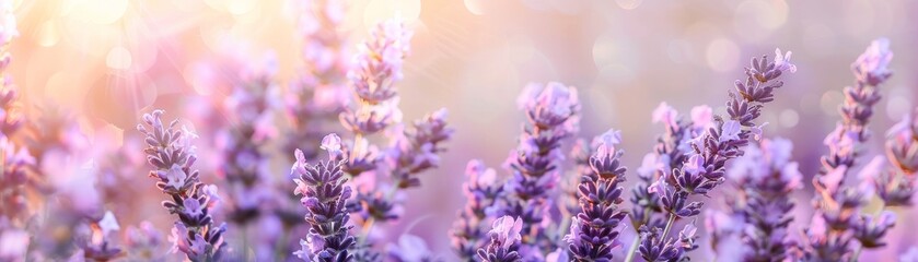 Obraz premium Dynamic graphic poster with lavender flowers floating against a soft, neutral backdrop, creating a serene contrast that showcases their soothing effect