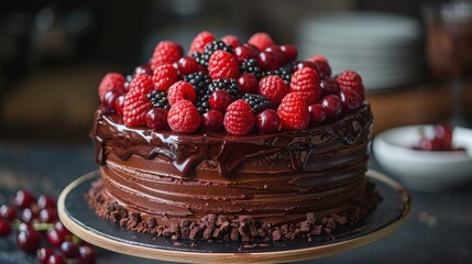 a black forest chocolate cake garnished with raspberries and blackberries