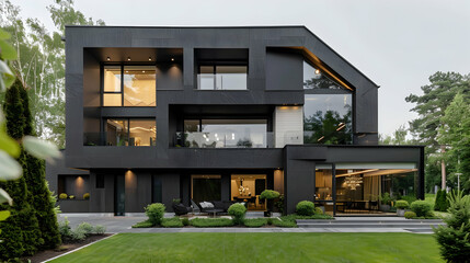 Modern house design, black and gray color scheme, angular exterior with sharp edges, geometric...
