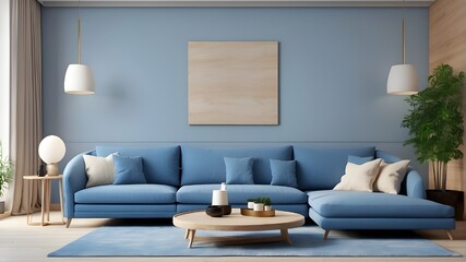 3D rendering of a living room interior featuring a blue sofa