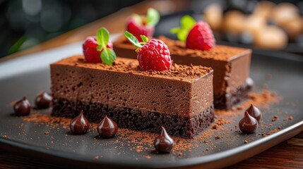 a slice of chocolate cake with raspberries
