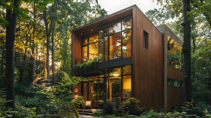 modern house in the woods, tall window on the side of the building
