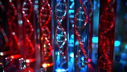 3D animation of magnified DNA strands in a test tube showcasing biotechnology. Concept Biotechnology, DNA Strands, 3D Animation, Test Tube, Magnified View