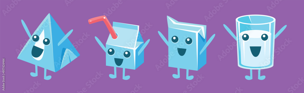 Poster milk container funny character with face on purple background vector set