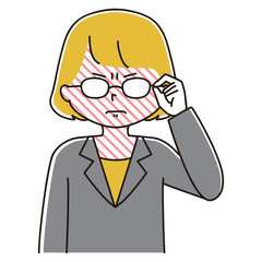 真っ赤な顔で眼鏡を上げるスーツ姿の女性のイラスト