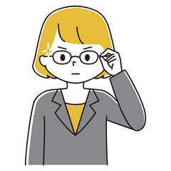 かっこよく眼鏡を上げるスーツ姿の女性のイラスト