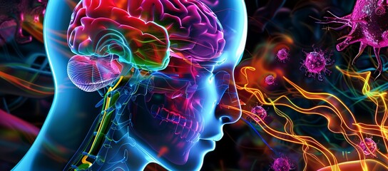 Naklejka premium Colorful digital visualization showing the human brain and nervous system in neon-like colors, illustrating neural activity and anatomy.