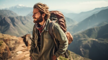 Naklejka premium backpacker with beautiful mountain peaks, success concept