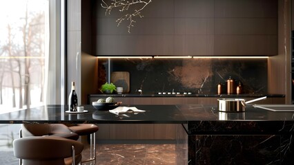 Modern luxury kitchen with black marble countertop and Emperador brown tiles. Concept Luxury Kitchen Design, Black Marble Countertop, Emperador Brown Tiles, Modern Kitchen Renovation
