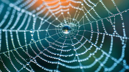 A water droplet clings to a spider's silk, refracting the morning sunlight