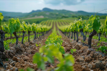 Panoramic view of a vineyard with a clear focus on the rows stretching towards the horizon. AI generated.