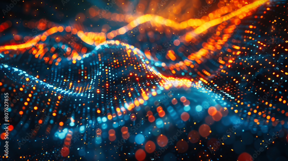 Poster glowing data binary code background with digital particles and orange lights