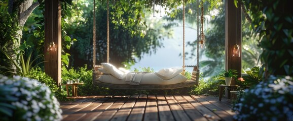 Step Into A World Of Relaxation With An Old Wooden Terrace Adorned With A Wicker Swing In A 3D Render, Background HD For Designer 