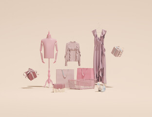 Luxury mannequin with clothes shopping bag, gift box around on pink and purple background. Creative composition. Light background with copy space. 3D render for web page, presentation, studio, store 