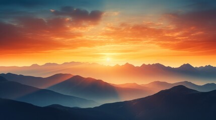 sunset over a majestic mountain range, with the peaks silhouetted against the fiery sky. 