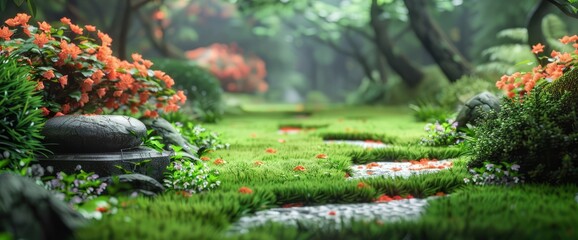 Step Into A World Of Tranquility With An Empty Backyard Adorned With Green Grass And Flowerbeds, Background HD For Designer 