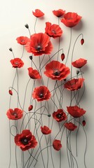 Artistic poster of poppies levitating, arranged against a stark background to emphasize their vibrant red petals and delicate structure